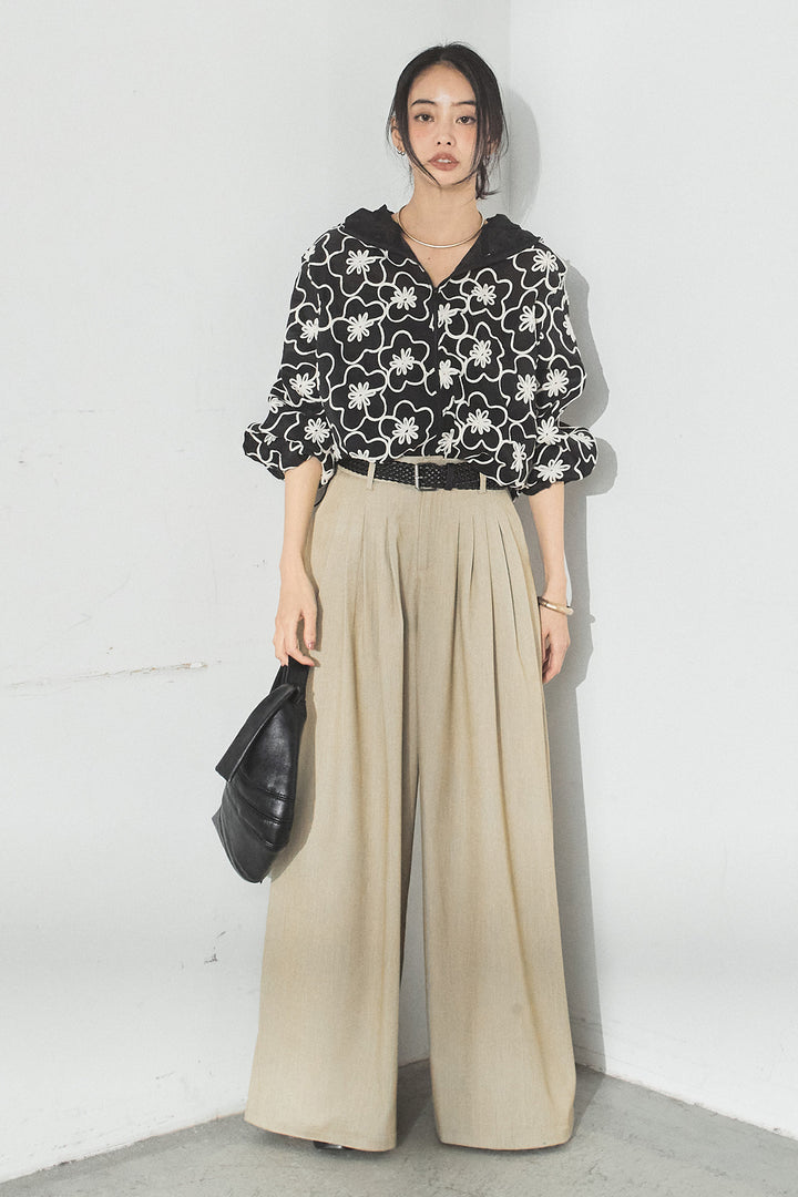 [SET]シアーフラワーフードブルゾン+編みベルト付きウエストタックワイドパンツ(2set)