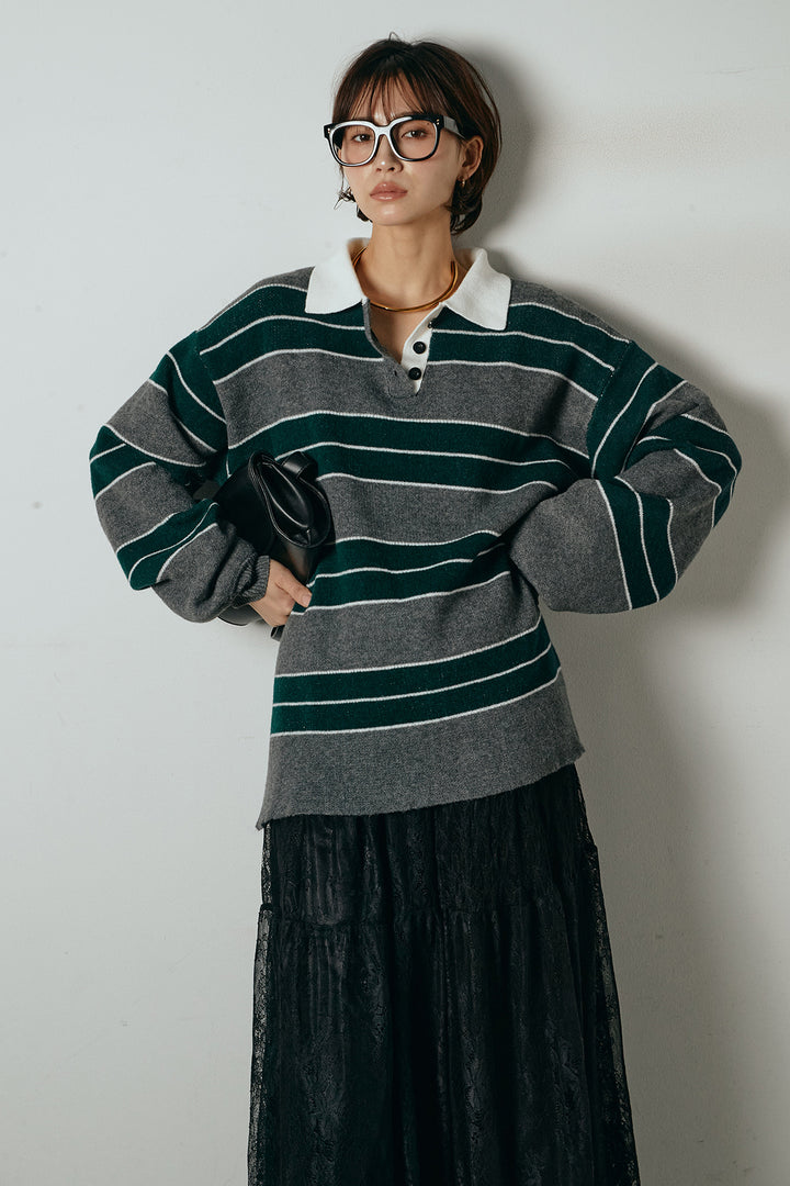 [SET]ラガーニットボーダーポロプルオーバー+ひげレース切替ロング丈スカート(2set)