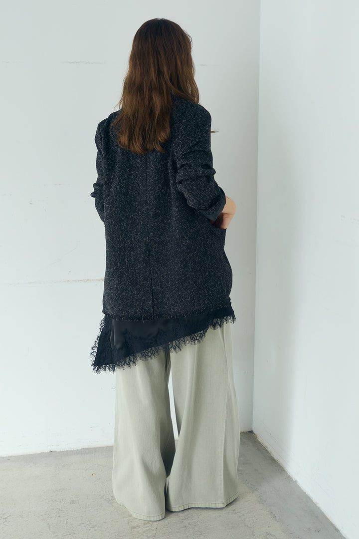 [SET]スラブネップツイードフリンジテーラードジャケット+ウエスト裁ち切りデニムワイドパンツ+サテンレースアシメキャミ(3set)