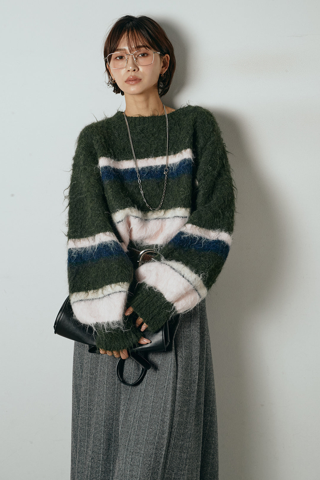 [SET]起毛配色マルチボーダーニットトップス+太ベルト付きヘリンボーンプリーツスカート(2set)