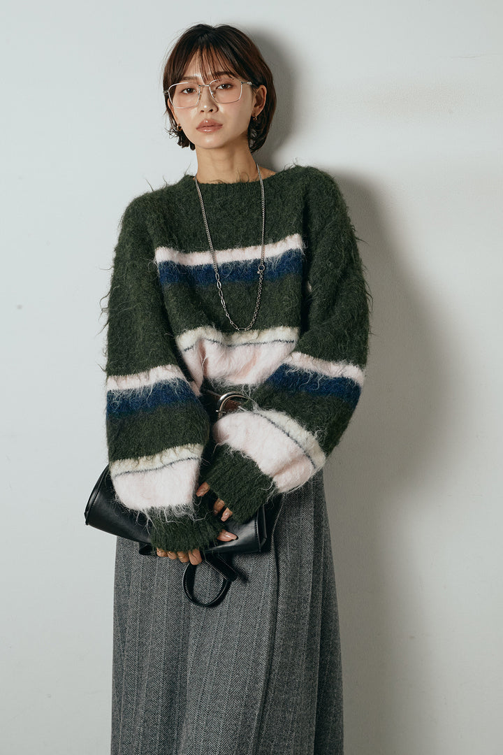 [SET]起毛配色マルチボーダーニットトップス+太ベルト付きヘリンボーンプリーツスカート(2set)
