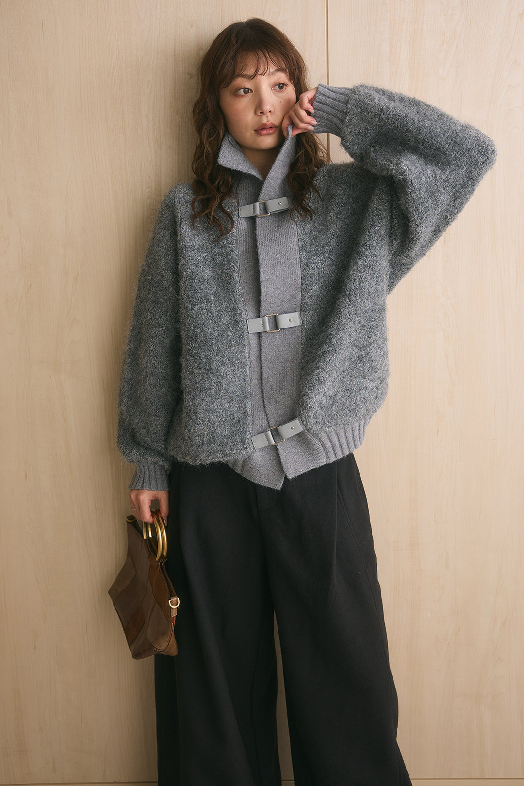 [SET]ブークレーハイネックニットジャケット+ポーチベルト付きカーブパンツ(2set)