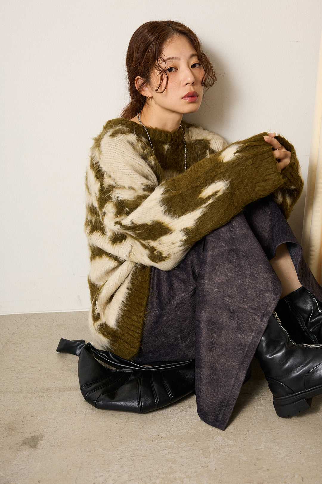 【着回しセット】[SET]モヘアタッチマーブルニット+モヘアタッチマーブルニット+ロープベルト付きスウェード調スカート(3set)