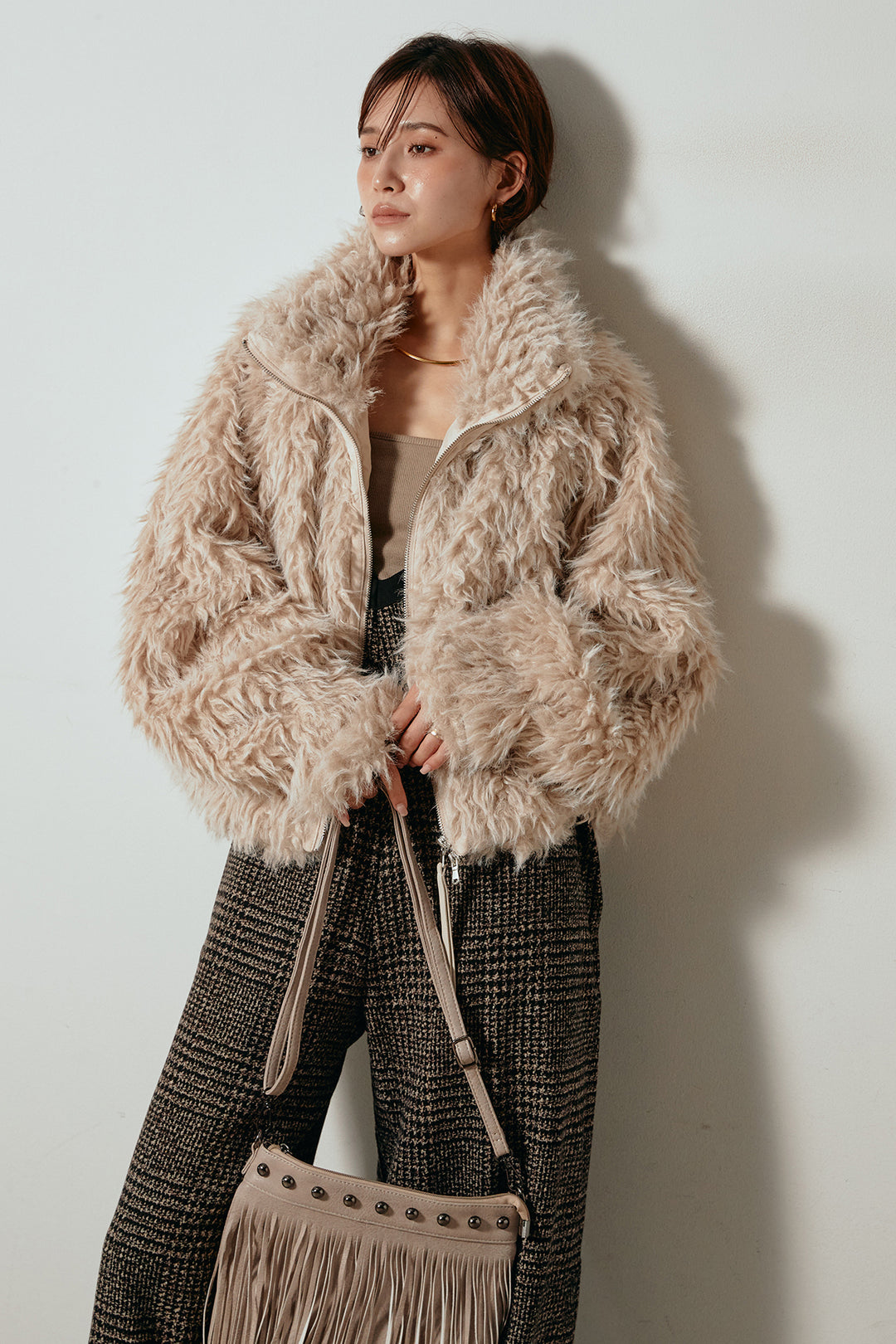 [SET]ミックスシープファースタンドブルゾン+前後2wayグレンチェック柄スカーチョサロペット(2set)