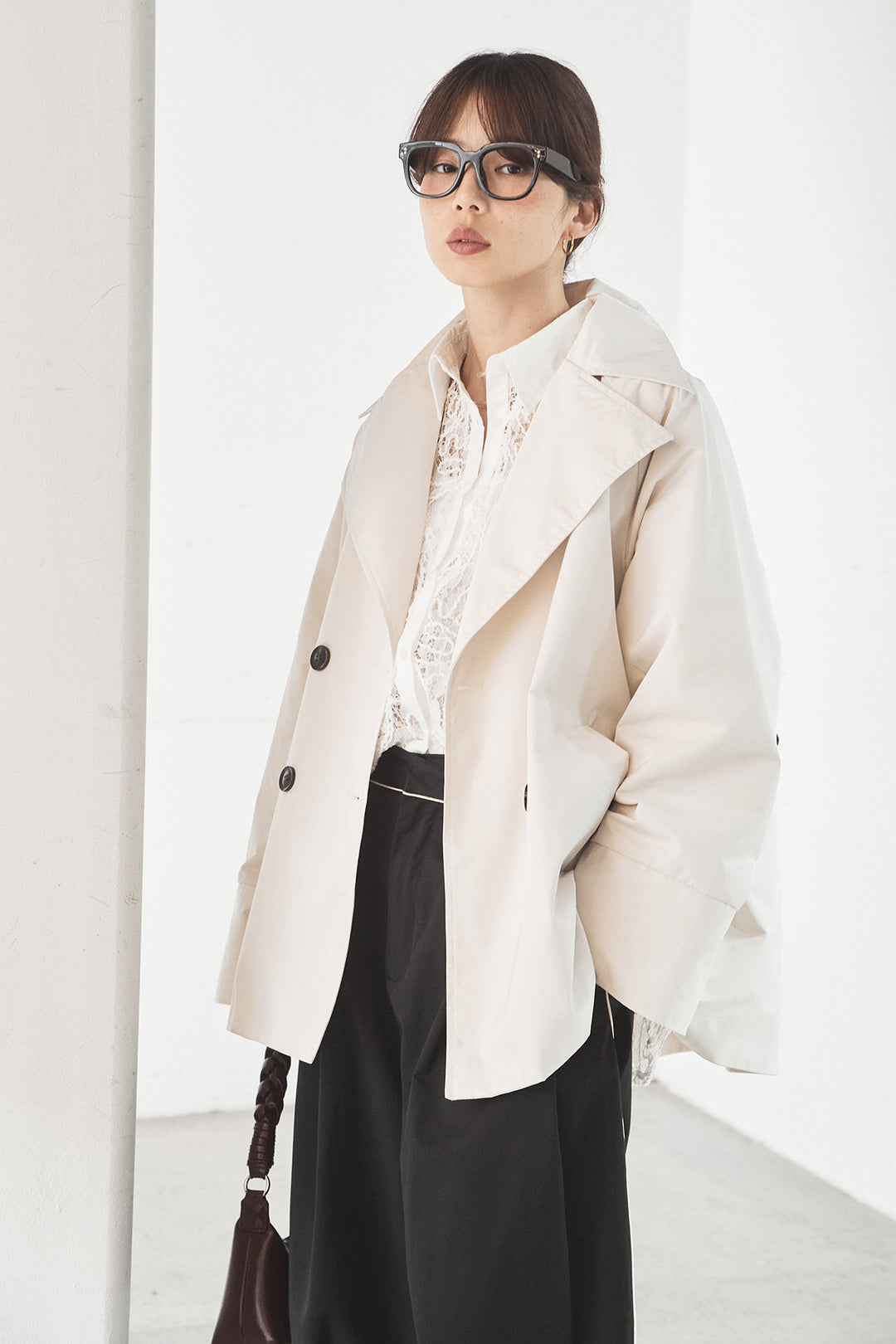 [SET]ナイロントレンチコート+刺繍レースオーバーサイズシャツ(2set)