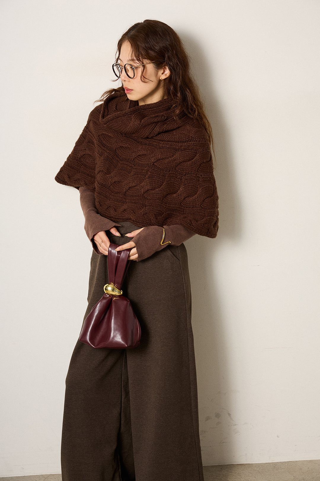 [SET]ケーブル編みケープレイヤードニット+サイドベルトパンツ(2set)