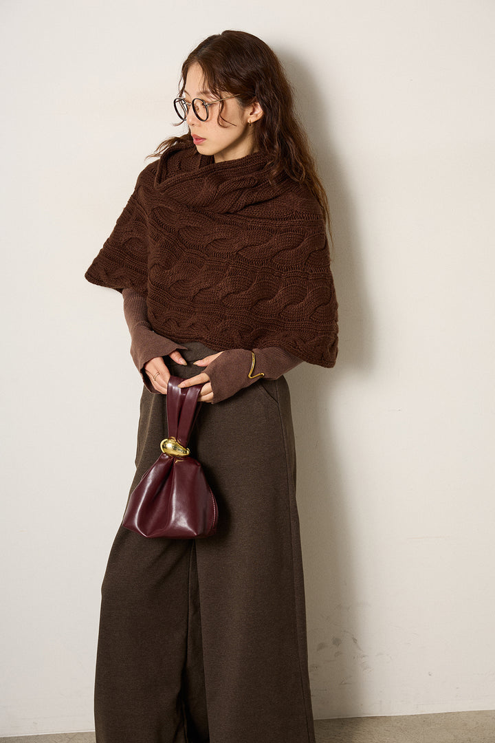 [SET]ケーブル編みケープレイヤードニット+サイドベルトパンツ(2set)