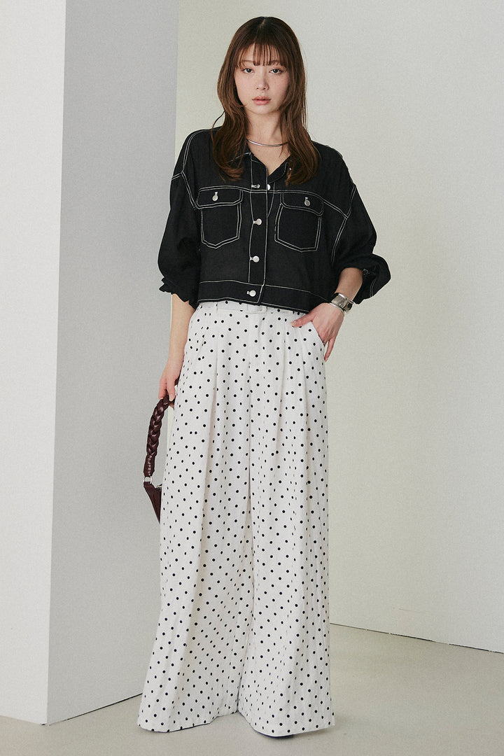 [SET]配色ステッチシアーシャツ+ベルト付きドット柄ワイドパンツ(2set)