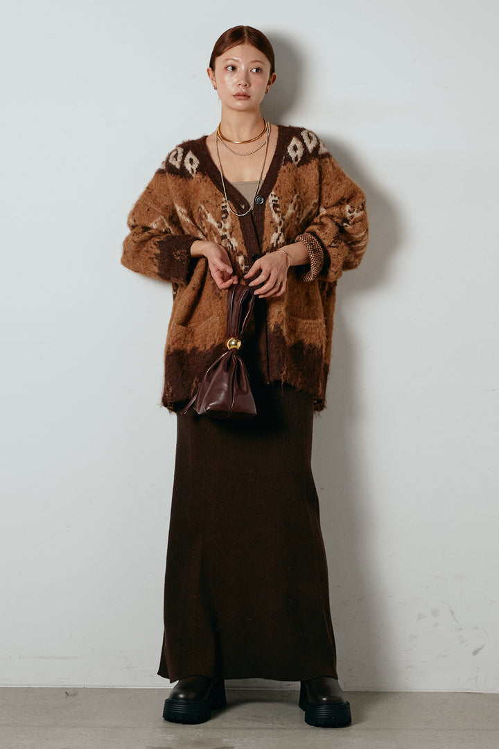 [SET]シャギーニュアンス柄ニットカーディガン+リブナローニットスカート(2set)