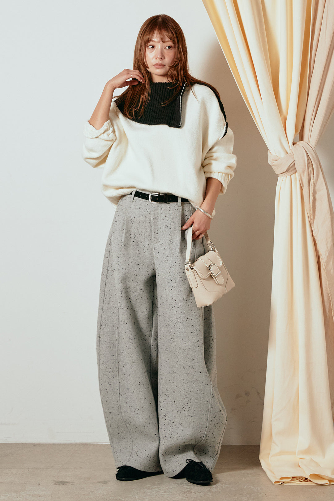 [SET]ハイネックジップデザインニットトップス+ベルト付きネップツイードカーブパンツ(2set)