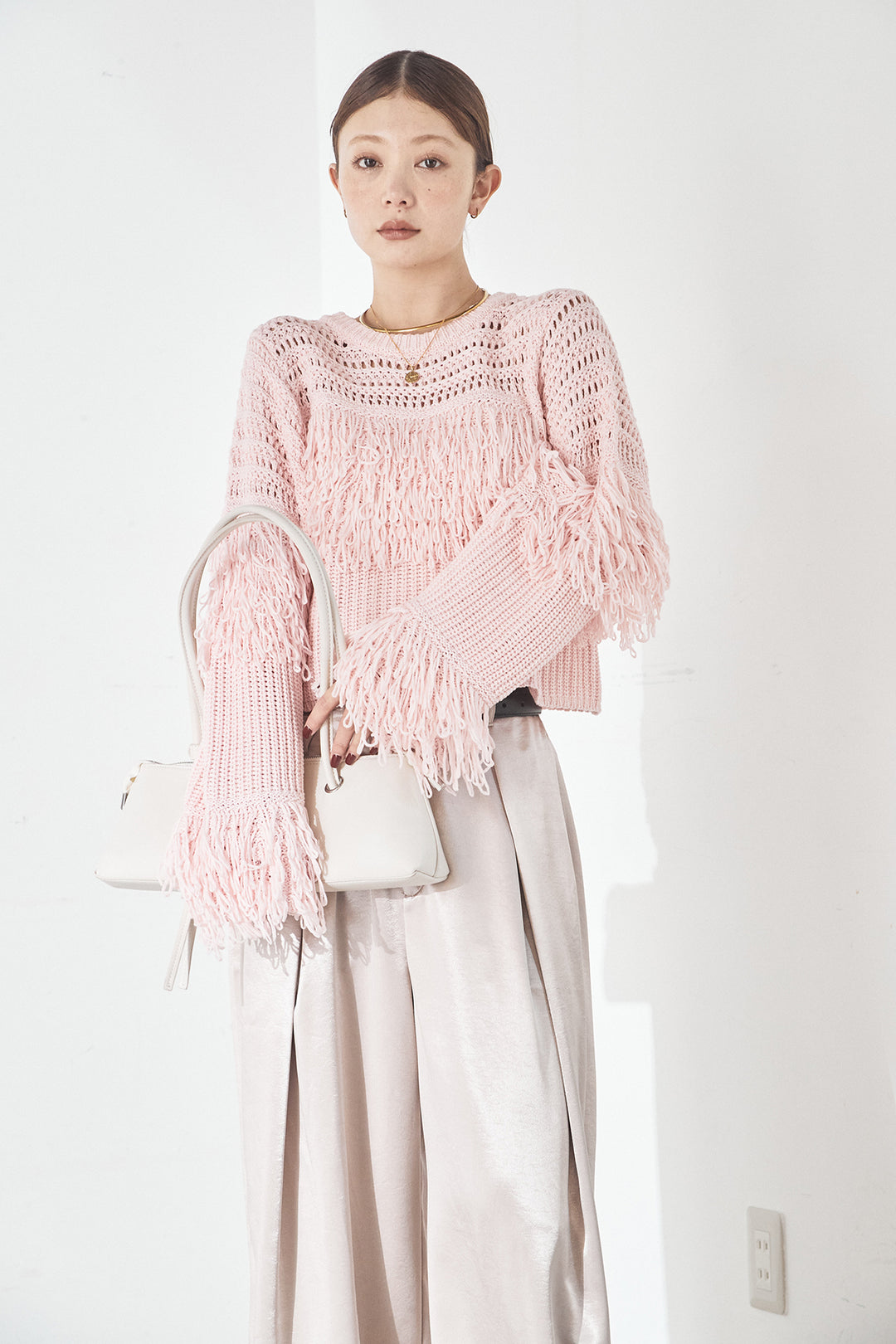 [SET]メッシュフリンジ切り替えプルオーバー+サテンタックワイドパンツ(2set)