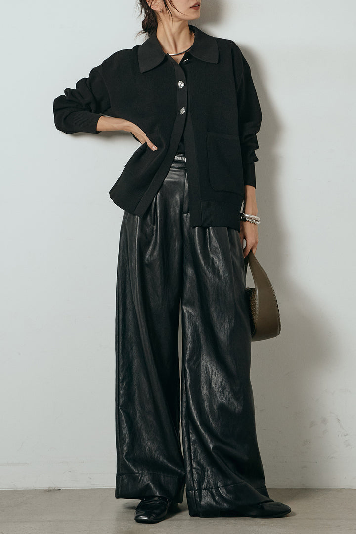 [SET]メタル釦衿付きニットカーディガン+ベルト付きレザーライクタックパンツ(2set)