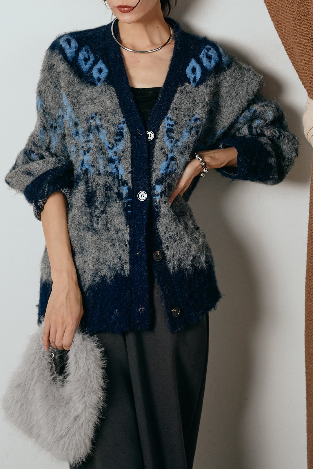 [SET]シャギーニュアンス柄ニットカーディガン+裏起毛スウェットワイドパンツ(2set)