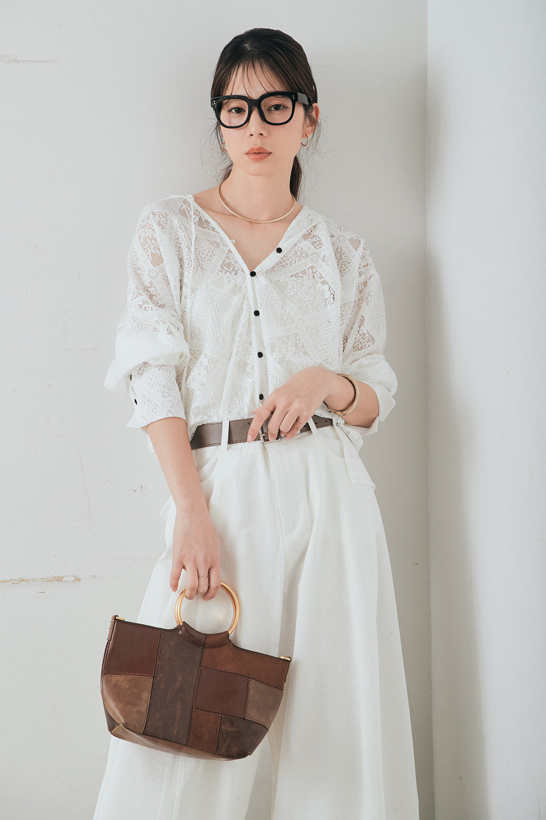 [SET]ブロックレースフード付きブラウス+ベルト付きサイドタックワイドパンツ(2set)