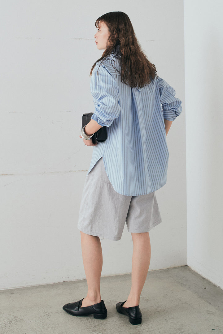 [SET]ランダムストライプスカーフ付きシャツ+デニムハーフパンツ(2set)