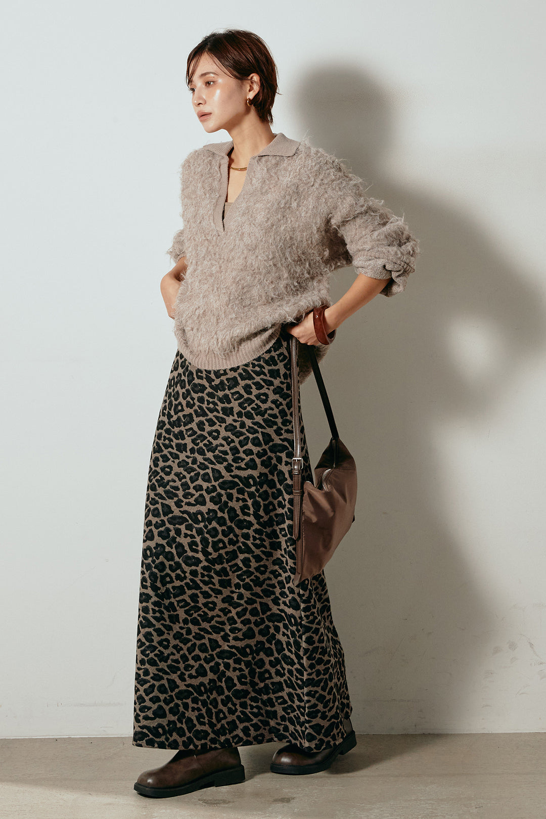[SET]襟付きシャギーニットポロトップス+レオパードロングスカート(2set)