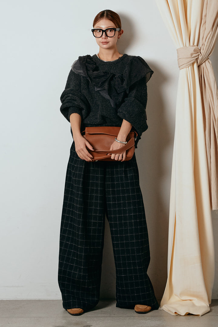 [SET]アシンメトリーフリルニットトップス+ウールライクチェックタックパンツ(2set)
