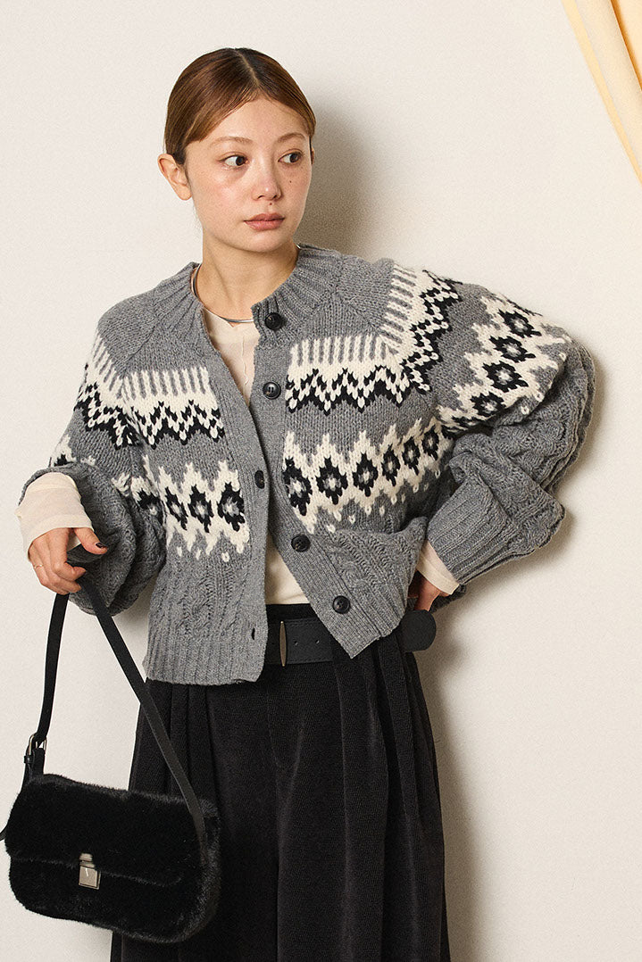 [SET]2WAY求心柄ジャガードショートカーディガン+2WAY袖コード刺繍クルーネックプルオーバー(2set)