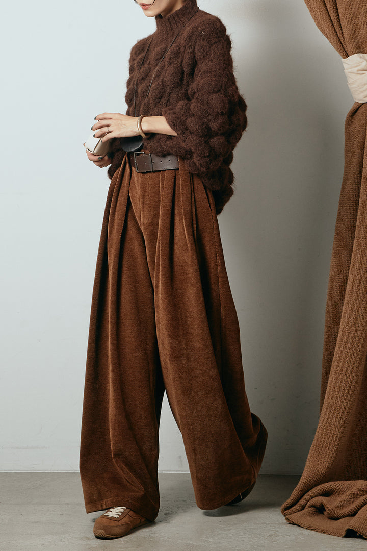 [SET]ボリュームポップコーンニットトップス+ベルトループコーデュロイワイドパンツ(2set)