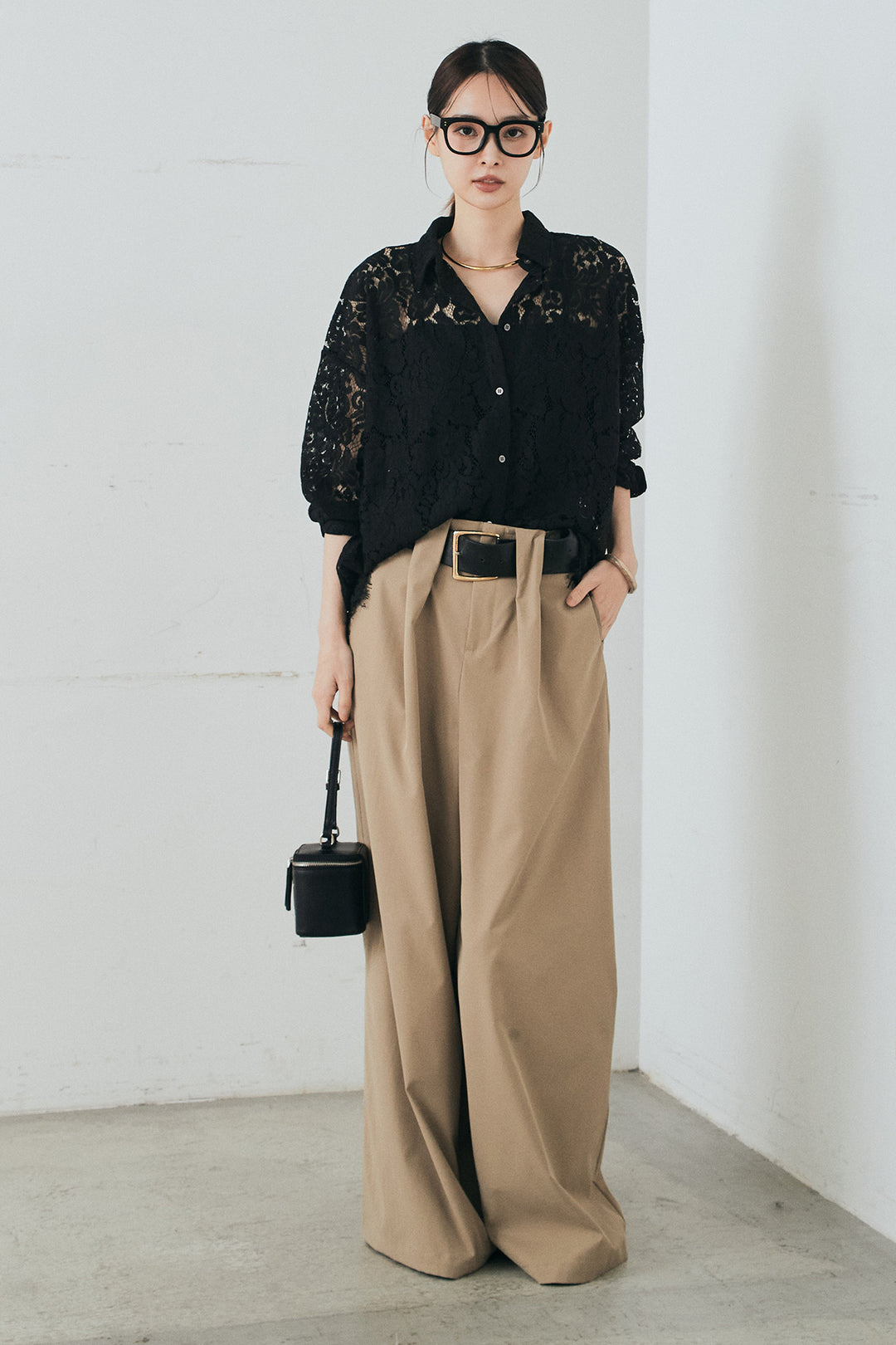 [SET]レース裾スカラップシャツ+ベルトループデザインハイウエストタックパンツ(2set)