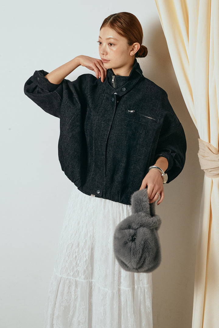 [SET]デニム調ハイネックブルゾン+ひげレース切替ロング丈スカート(2set)