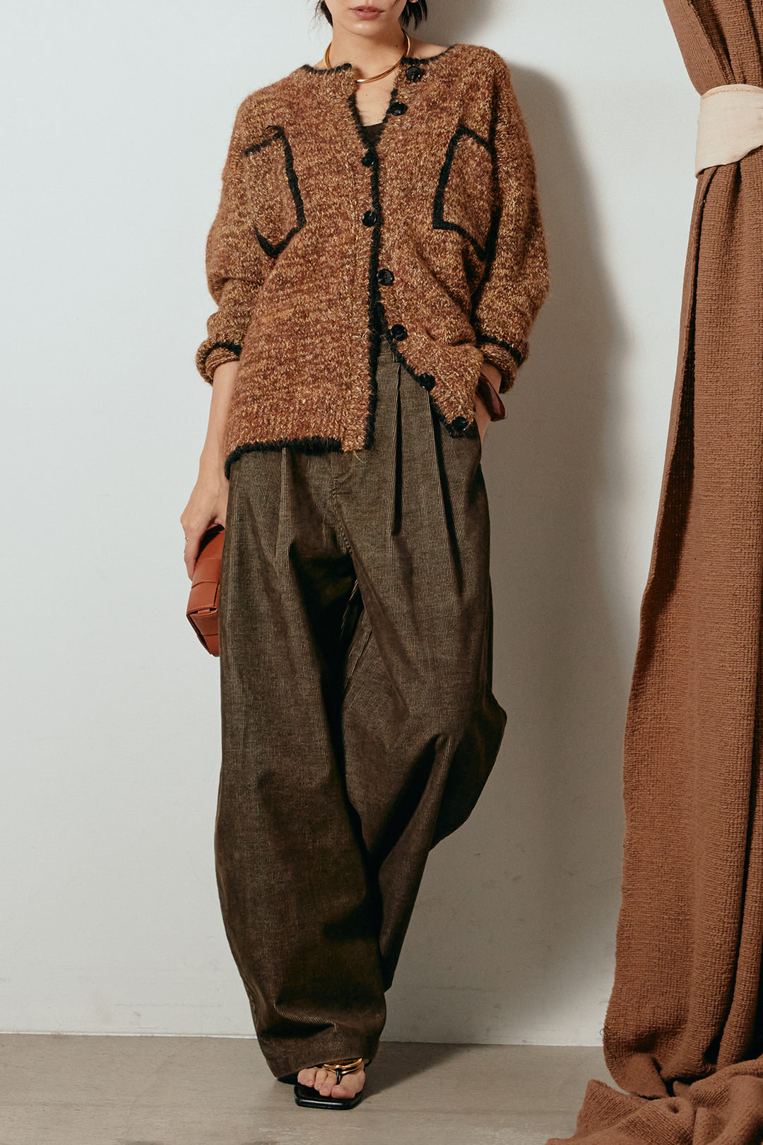 [SET]ミックスニットポケットカーディガン+フロントタック入りコーデュロイパンツ(2set)