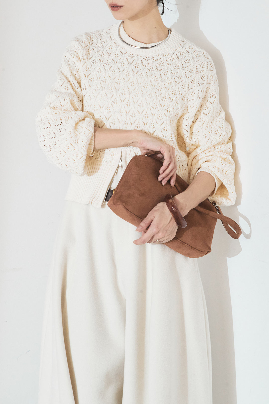 [SET]透かし編みニットジップスリットプルオーバー+ウールタッチカーブワイドパンツ(2set)