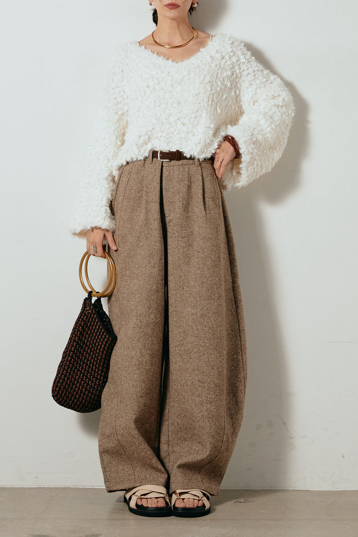 [SET]深Vネックチョウチョヤーンニットトップス+ベルト付きネップツイードカーブパンツ(2set)