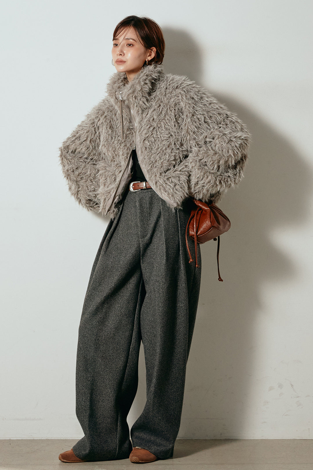 [SET]ミックスシープファースタンドブルゾン+フェイクウールタックトラウザーズパンツ(2set)