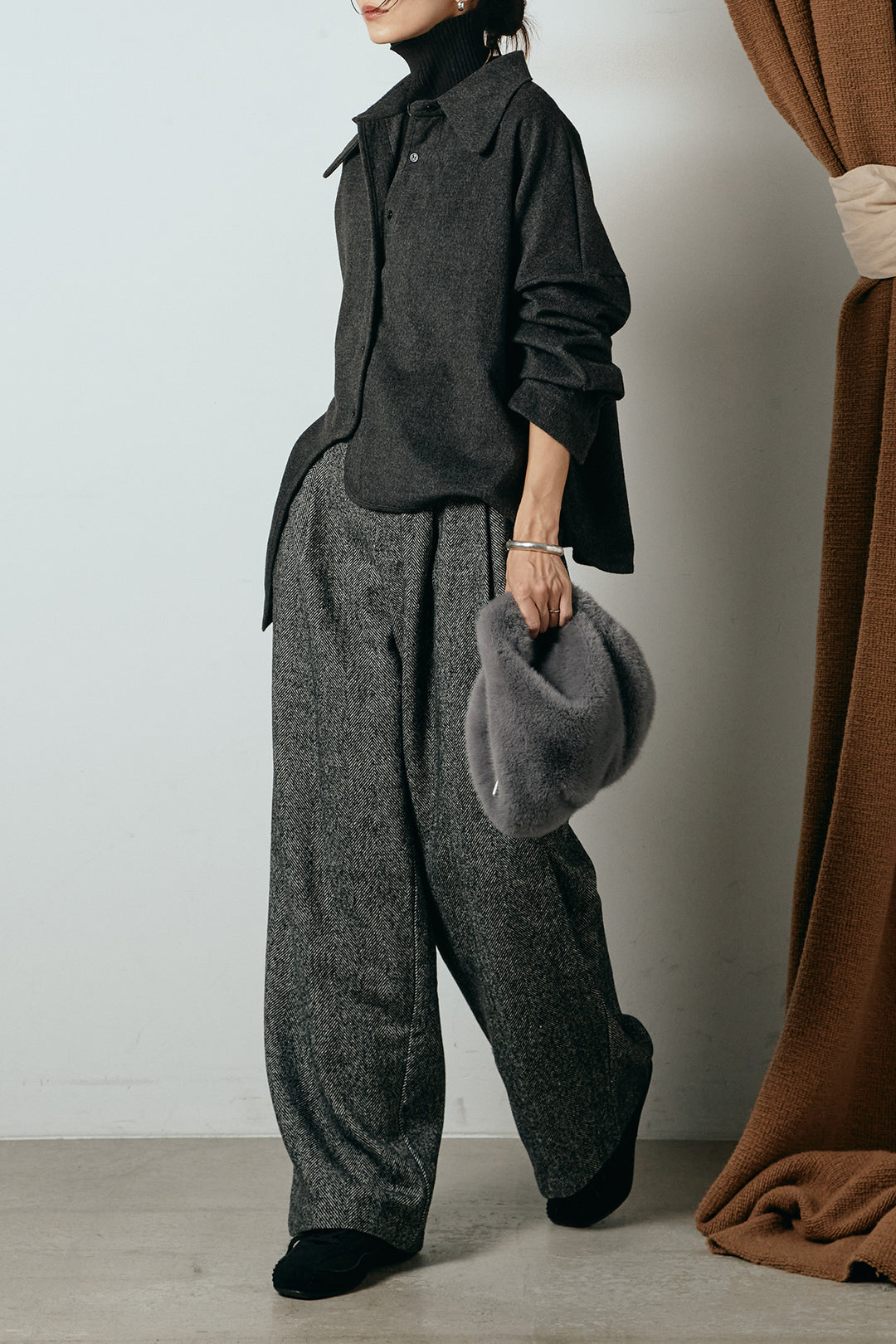 [SET]裾アシンメトリーデザインシャツ+タックツイードワイドパンツ+リブニットシームレスタートルプルオーバー(3set)