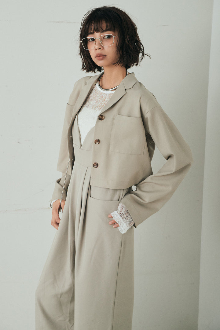 [SET]バックジップデザインショートツイルジャケット+キャミロングオールインワン+ストレッチレースクルーネックインナー(3set)