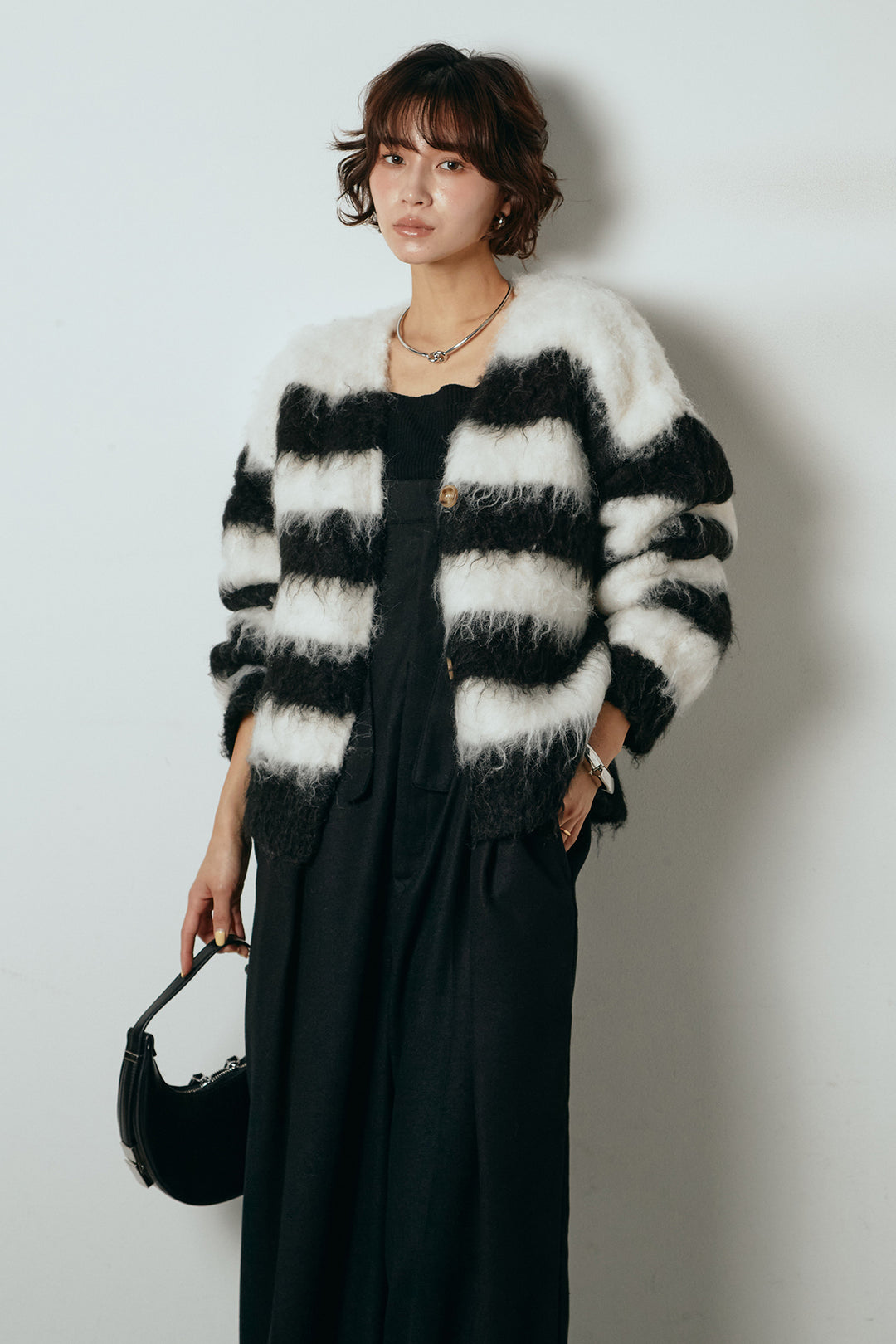 [SET]シャギーボーダー柄ニットカーディガン+ウール混フランネルワイドサロペット(2set)