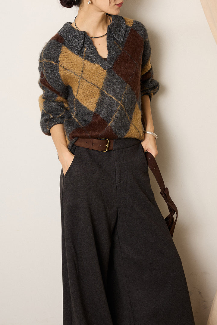 [SET]アクリルモヘアアーガイルキーネックプルオーバー+サイドベルトパンツ(2set)