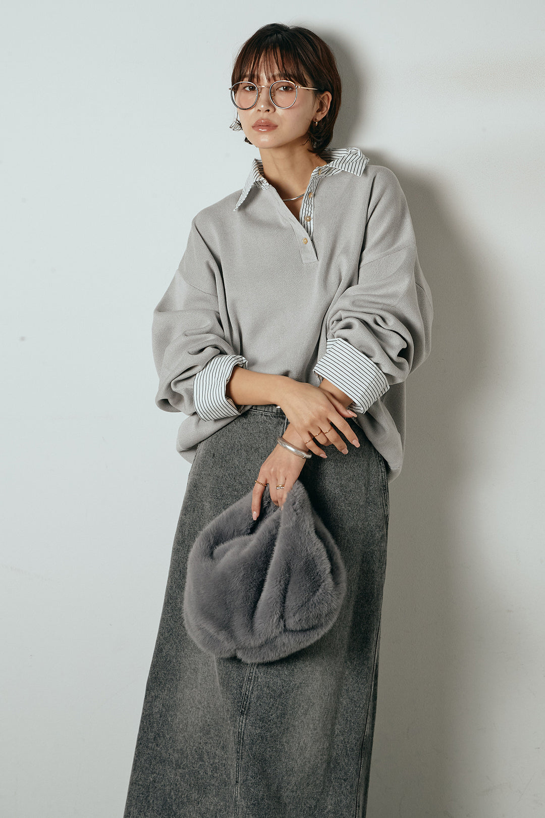 [SET]ストライプシャツドッキングポロトップス+デニムロングフレアスカート(2set)