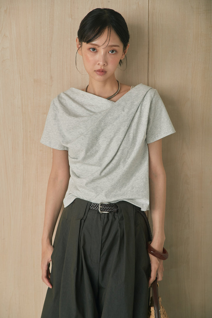 [SET]綿天竺半袖オフショルTシャツ+ニーサイドタックボリュームカーブパンツ(2set)