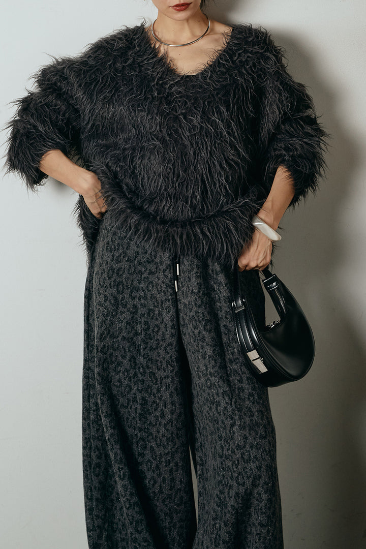 [SET]深Vネックシャギーニットトップス+リラックスレオパード柄ワイドパンツ(2set)