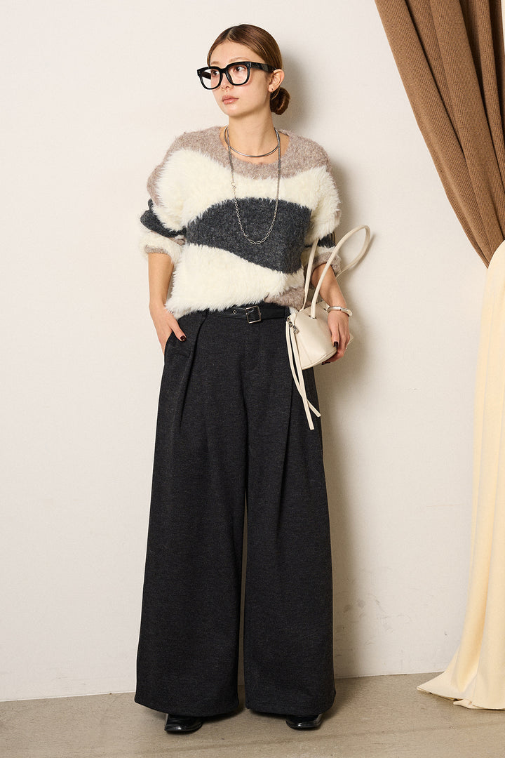 [SET]シャギーウェーブ柄クルーネックニットトップス+細ベルト付き起毛タックワイドパンツ(2set)