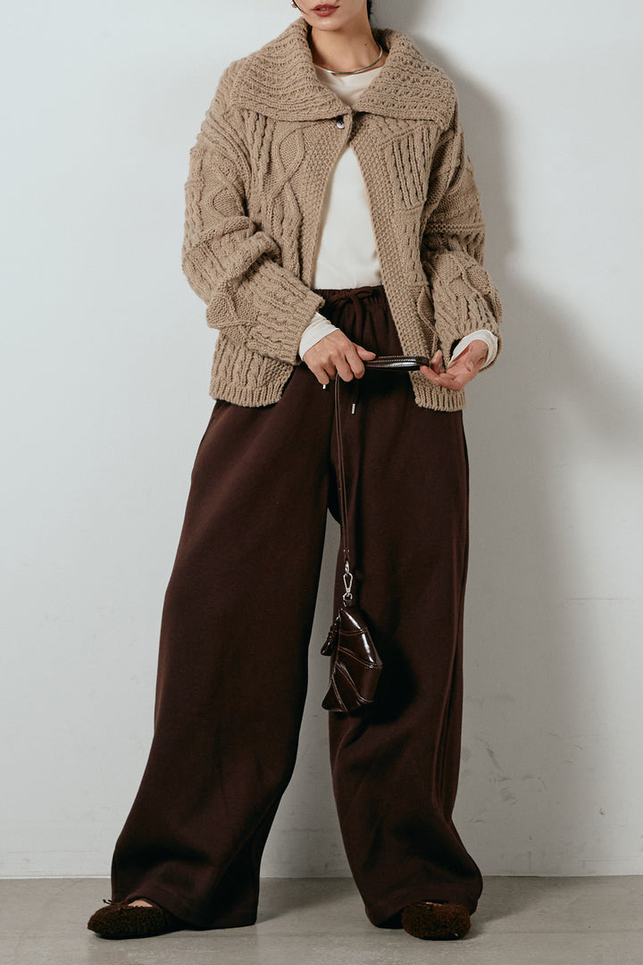 [SET]ビッグカラーケーブル編みニットトップス+2WAY袖コード刺繍クルーネックプルオーバー+裏起毛スウェットワイドパンツ(3set)