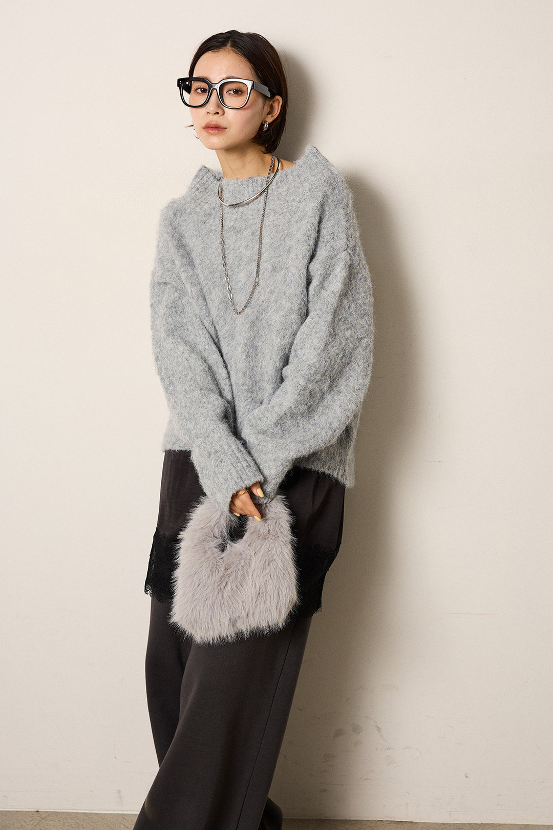 [SET]アルパカタッチオフショルニット+レース切り替えキャミソール+裏起毛スウェットワイドパンツ(3set)