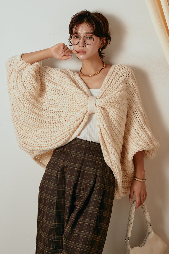 [SET]フロントツイストニット編みトップス+タータンチェック柄くすみワイドパンツ(2set)