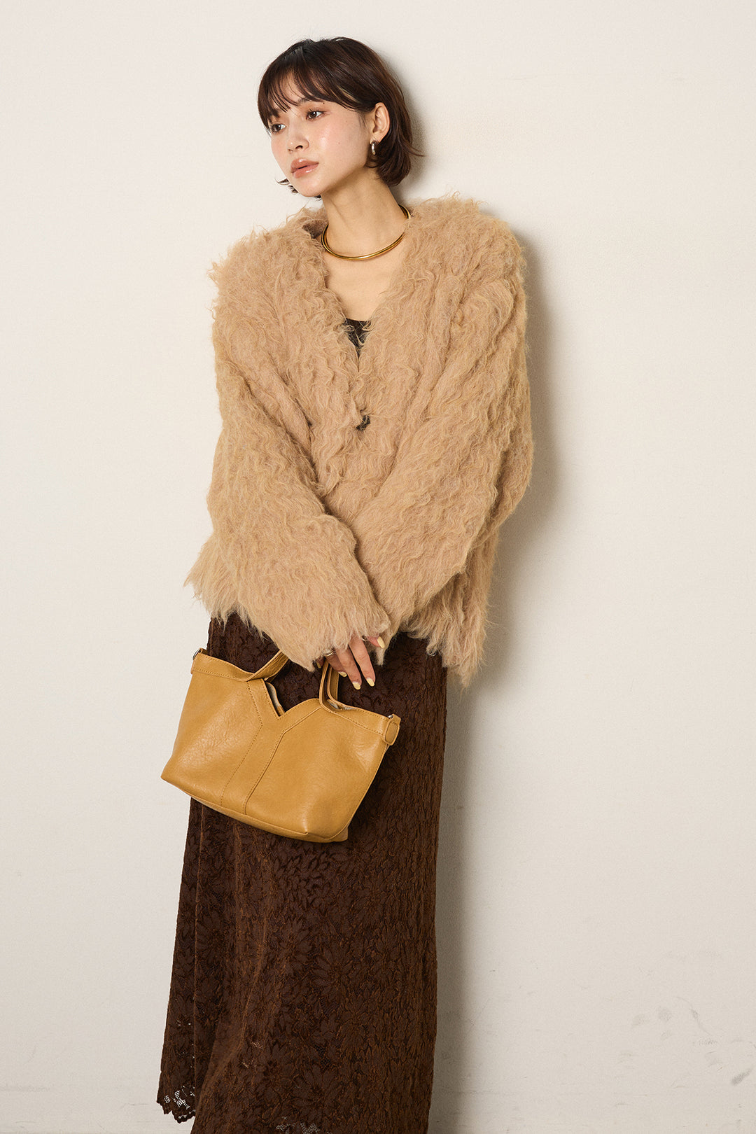 [SET]起毛シャギーニットカーディガン+花柄刺繍ベロアフレアスカート(2set)