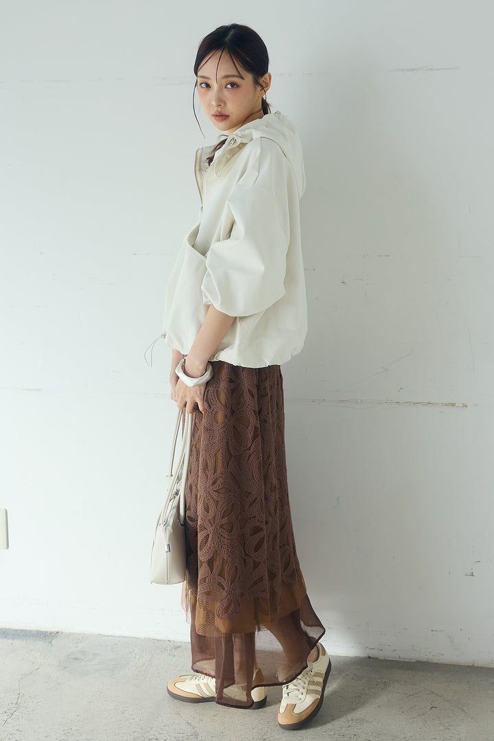 [SET]ネック裾絞りブルゾンアウター+ニュアンス柄刺繍スカート(2set)
