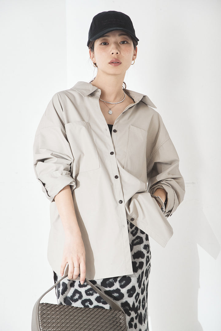 [SET]ウォッシャブルエコレザービックカフスシャツ+レオパードサテンナロースカート(2set)