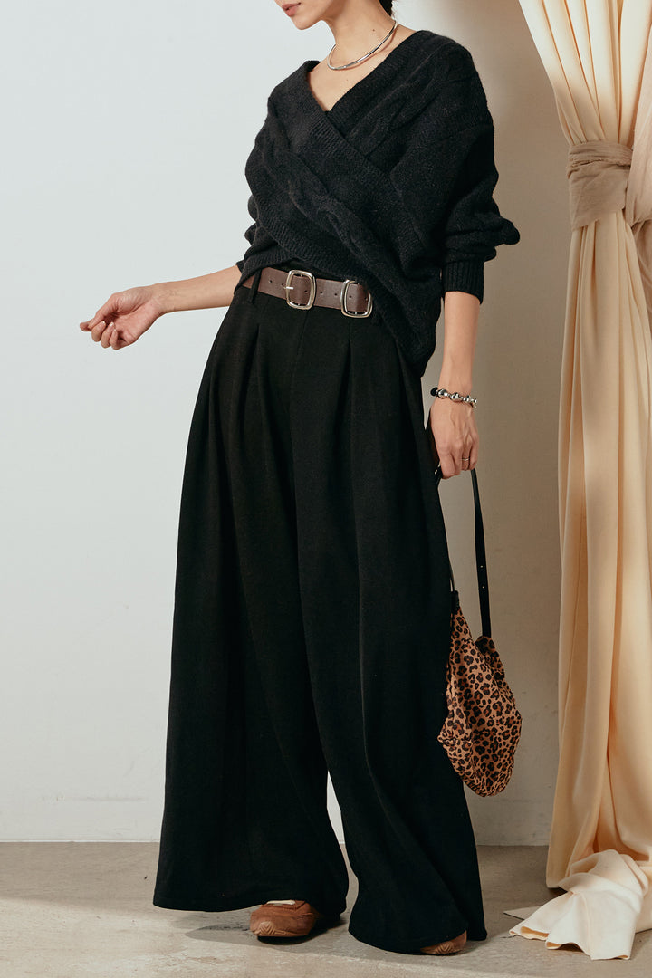 [SET]ケーブルカシュクールニットトップス+フェイクレザー太ベルト付きタックワイドパンツ(2set)