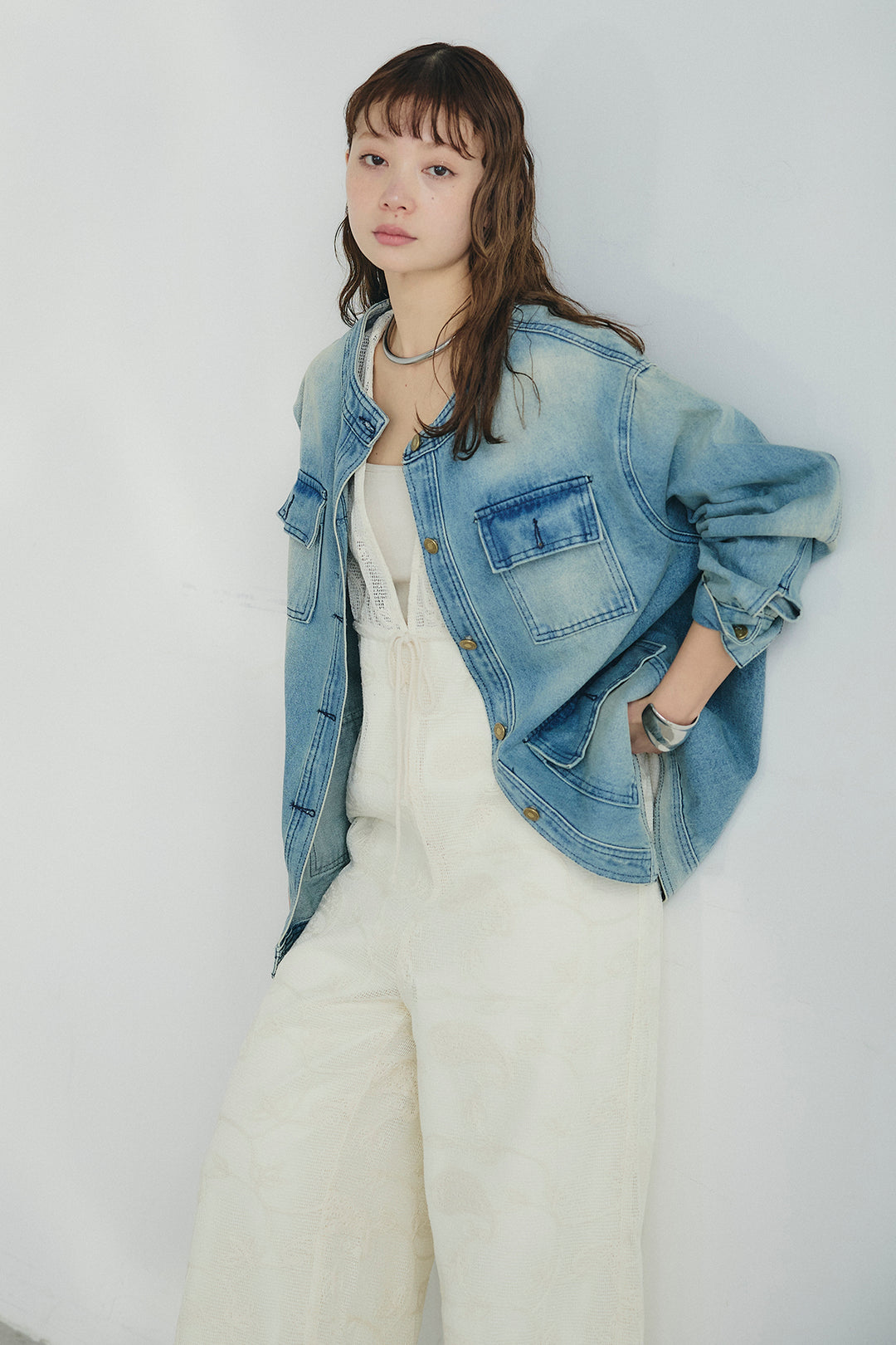 [SET]ノーカラーデニムポケットジャケット+レースサロペット(2set)