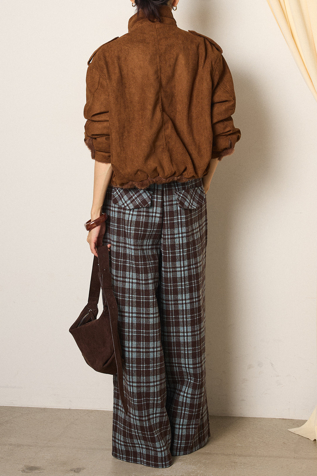 [SET]スタンド襟スウェードライクアウター+スタッズデザインベルトタータンチェックパンツ(2set)