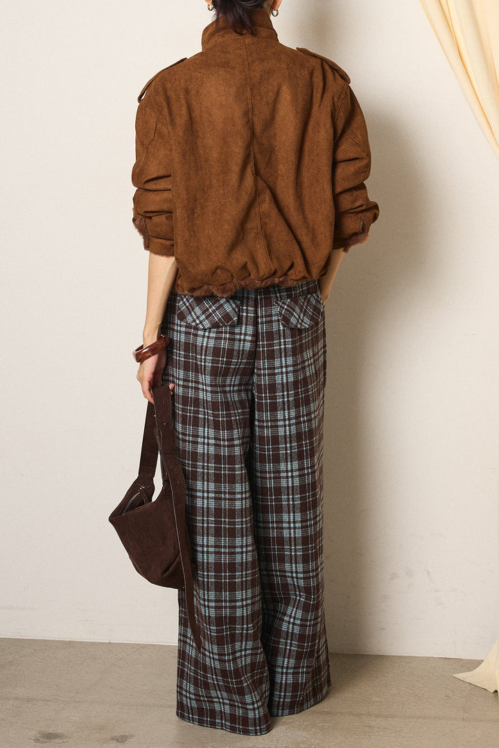 [SET]スタンド襟スウェードライクアウター+スタッズデザインベルトタータンチェックパンツ(2set)