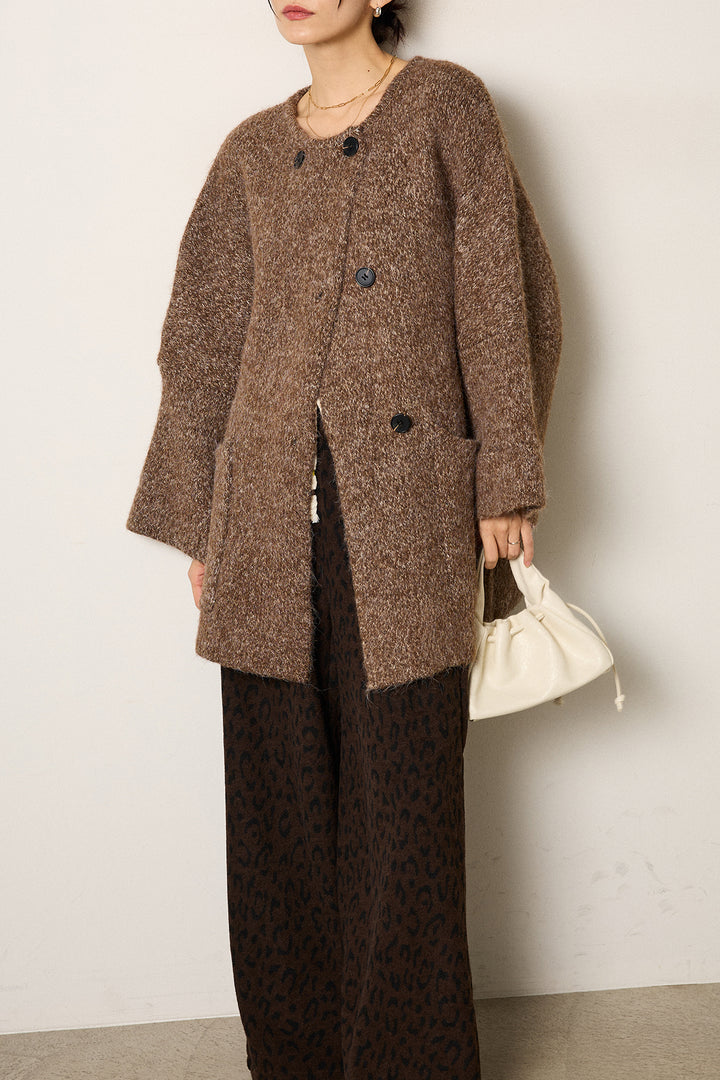 [SET]アシンメトリーボタンニットカーディガン+レオパードジャガードニットパンツ(2set)