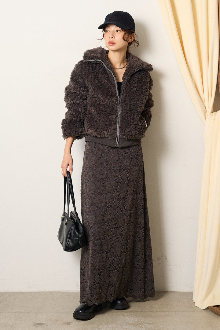 [SET]スタンドカラー裾リブボアブルゾン+花柄刺繍ベロアフレアスカート(2set)