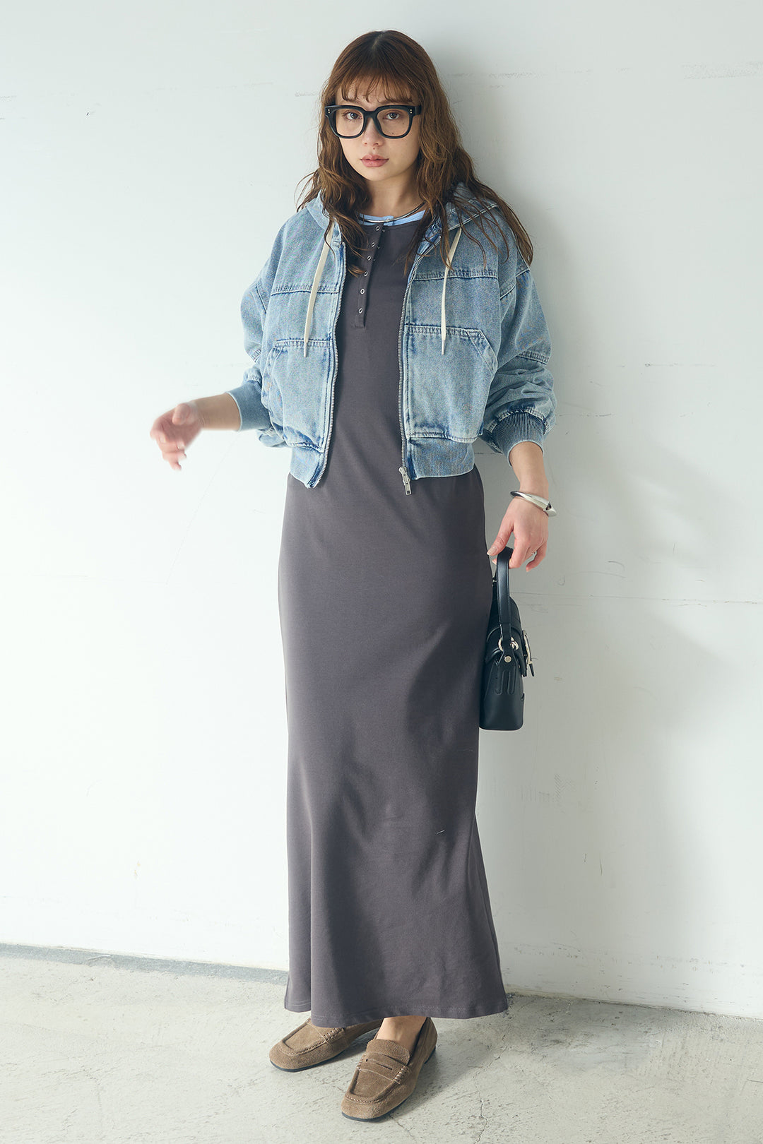 [SET]デニムダブルジップパーカーブルゾン+レイヤード見えヘンリーネックロングワンピース(2set)